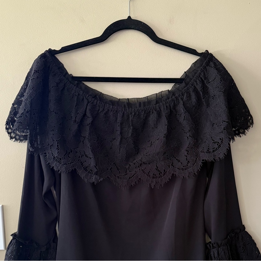 WHBM Black Off-Shoulder Top with Wide Black Lace - Picture 5 of 13